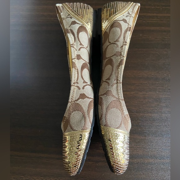 COACH SHINE BEIGE BROWN & GOLD SEQUIN BALLET NEAR-VINTAGE FLATS SIZE 9B - Picture 4 of 8